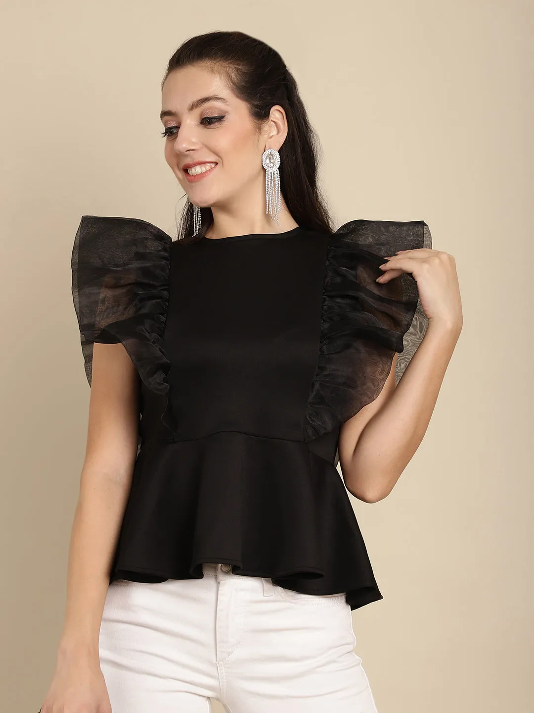 Black Peplum Top With Organza Frills