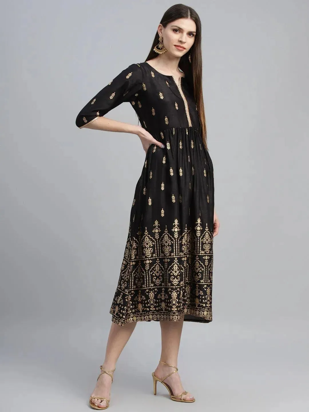 Black Printed Polyester Dress