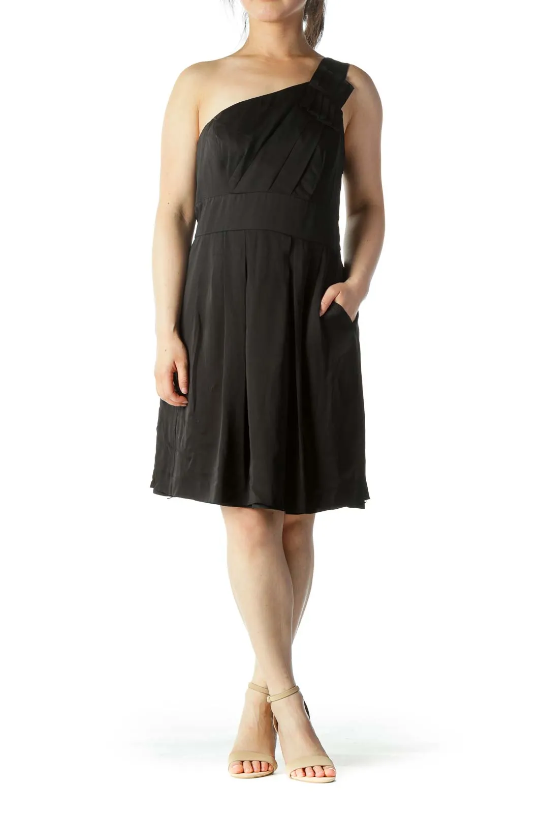 Black Silk One-Shoulder Cocktail Dress