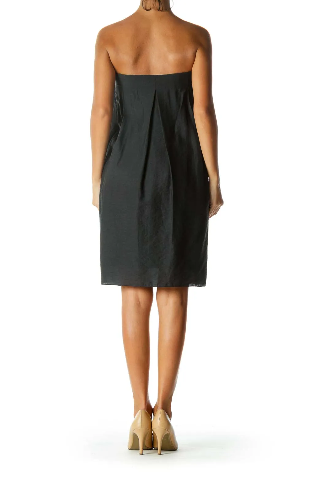 Black Strapless Designer Pleated Cocktail Dress with Chest Applique