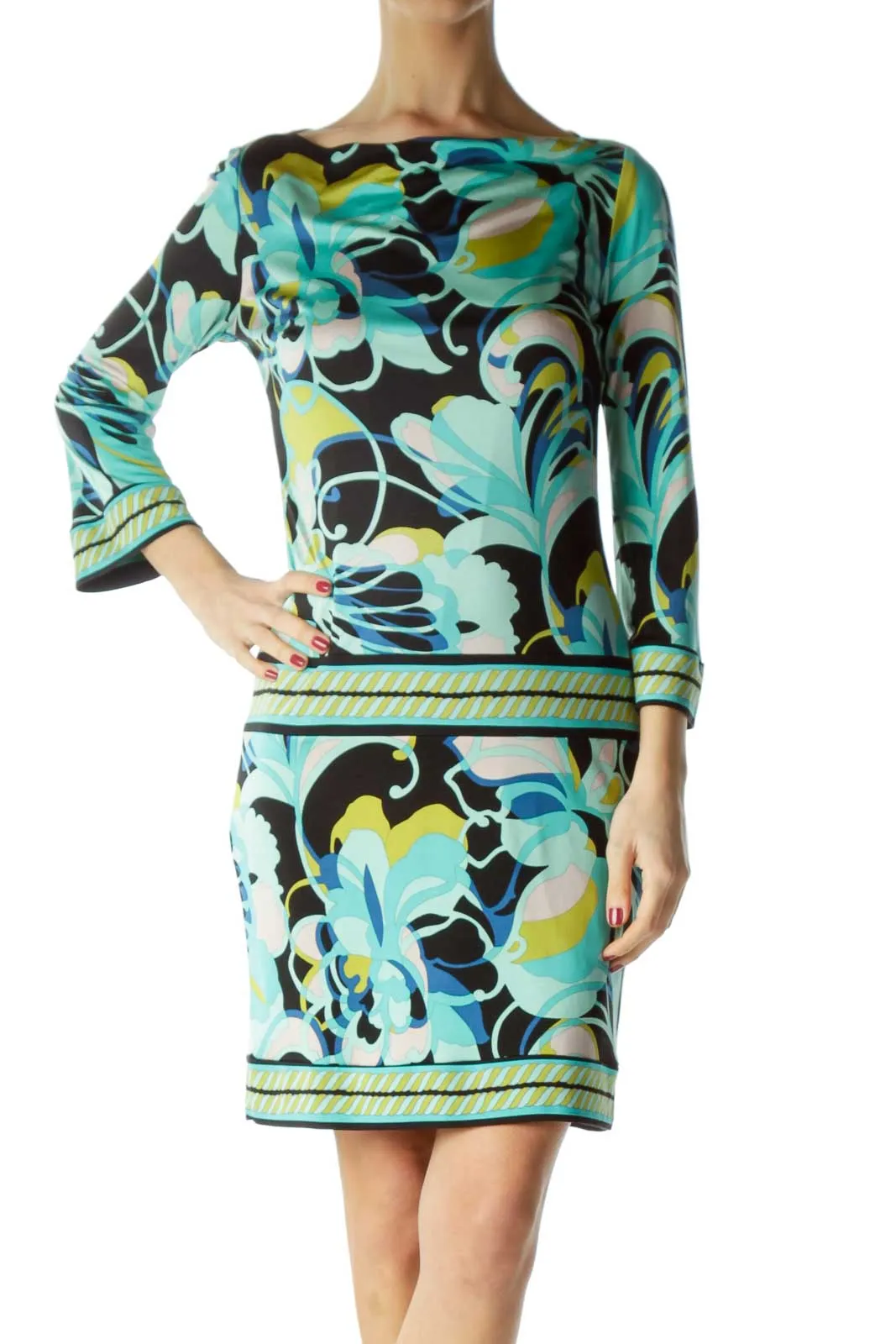 Blue Black Print Boat Neck Shift Dress