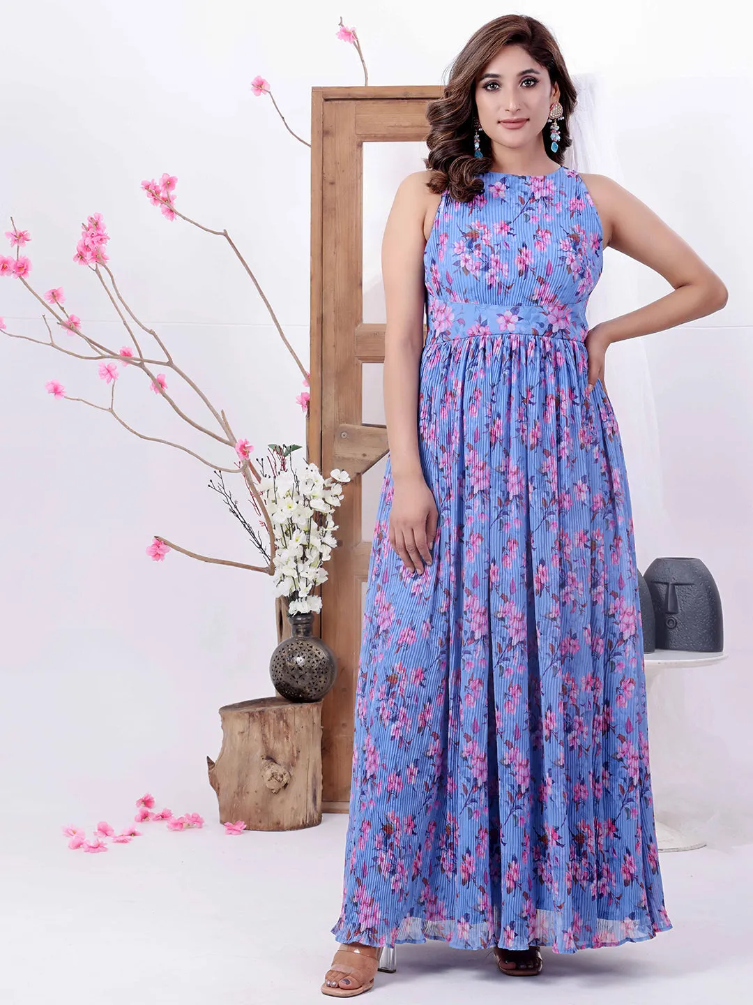 Blue Georgette Printed Pleated Dress