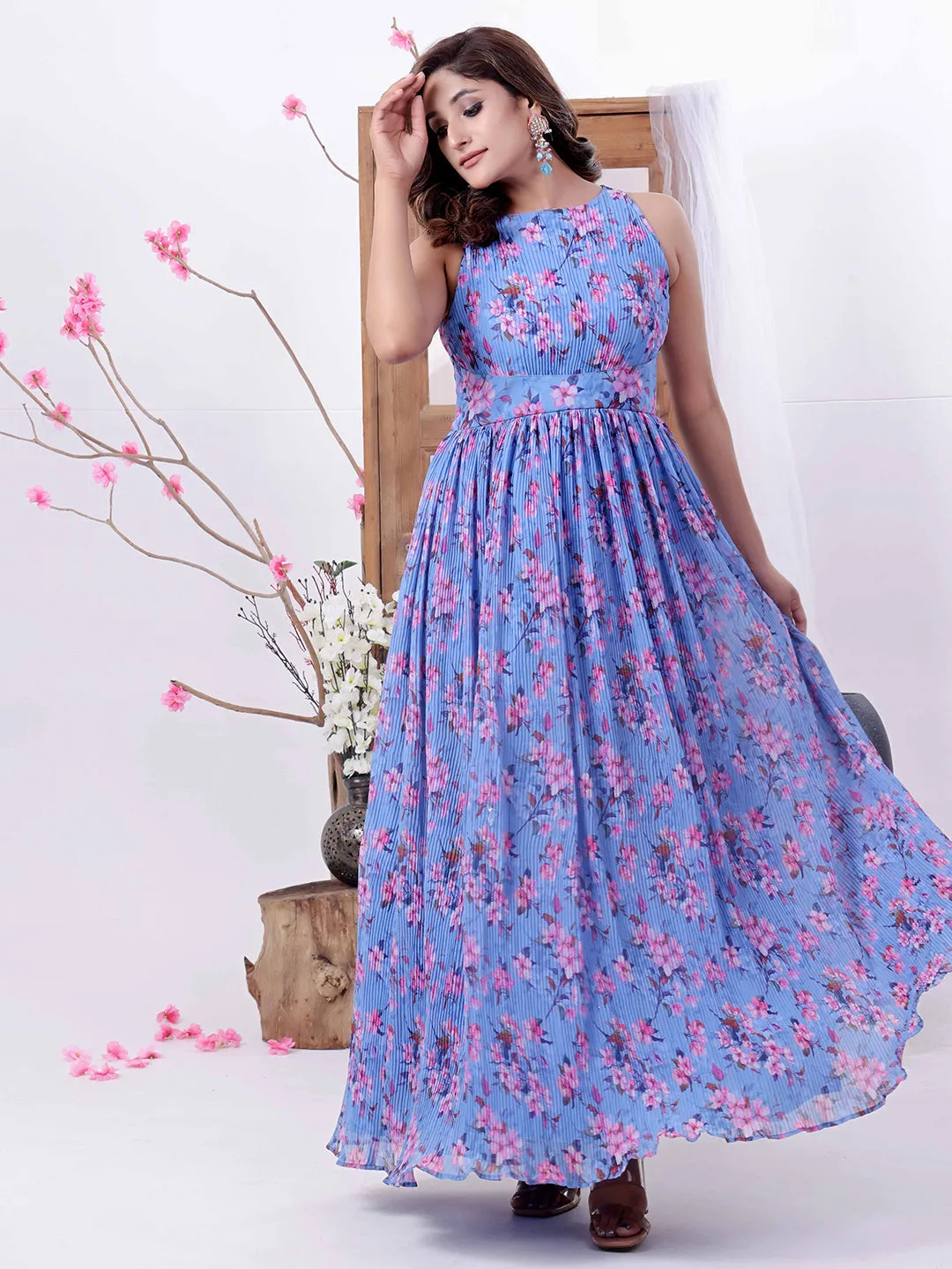 Blue Georgette Printed Pleated Dress