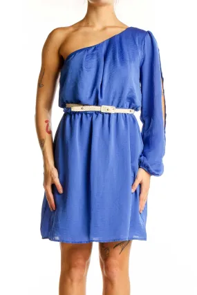 Blue One-Shoulder Polyester Mini Dress