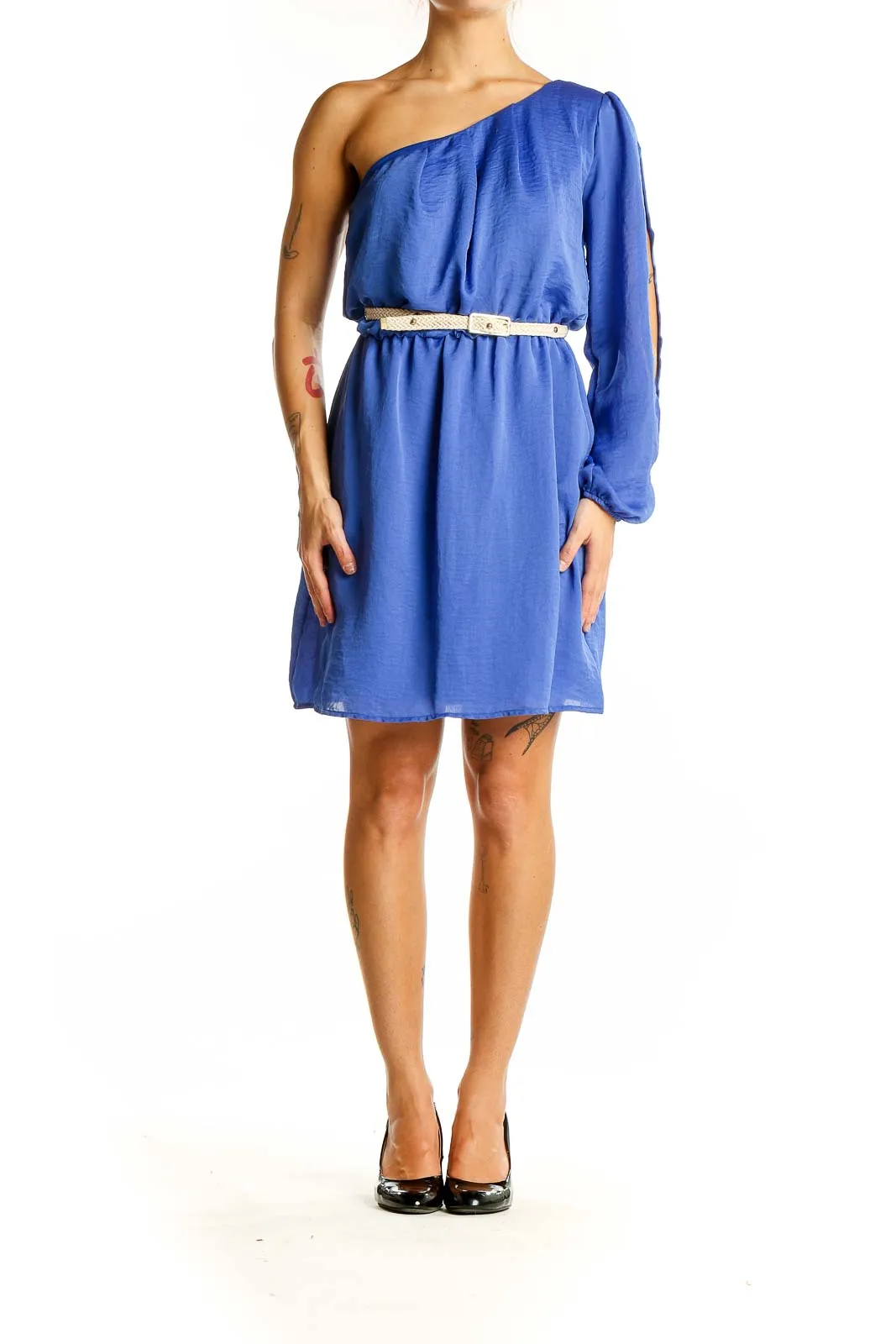 Blue One-Shoulder Polyester Mini Dress