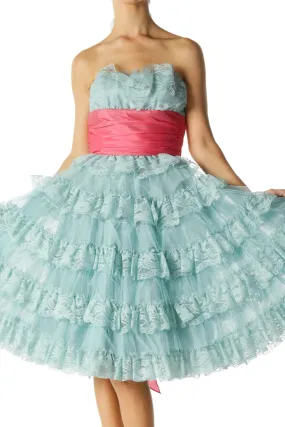 Blue Pink Lace Strapless Flared Cocktail Dress