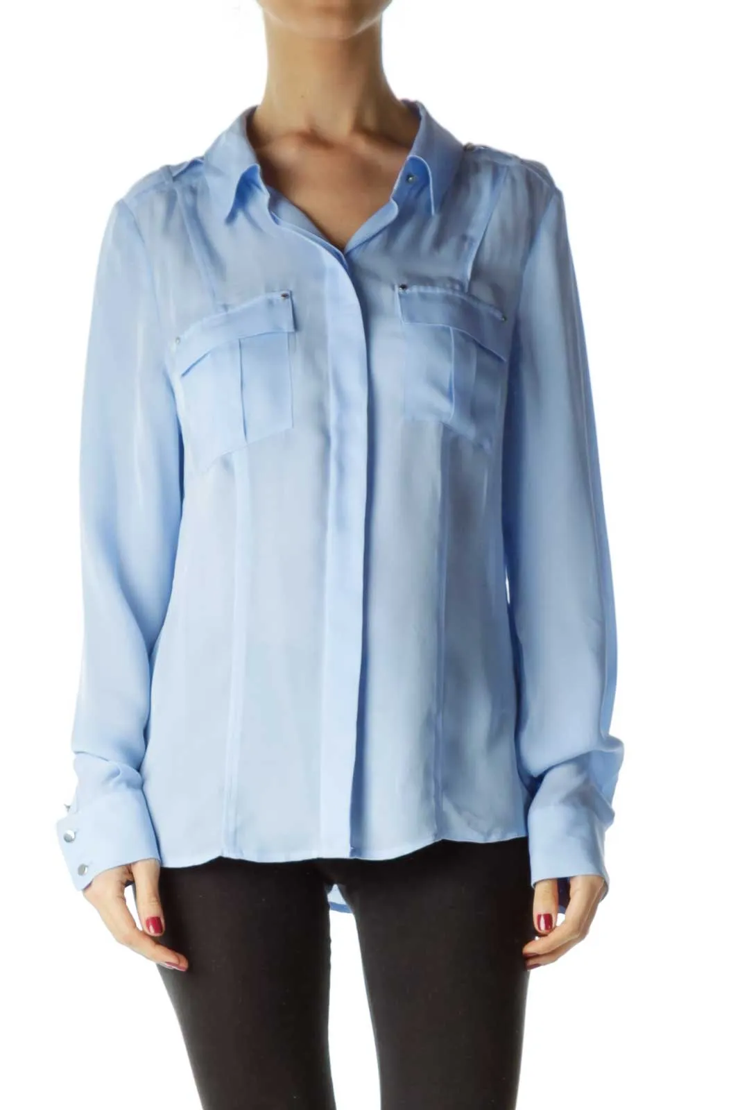 Blue Pocketed Silk Blouse