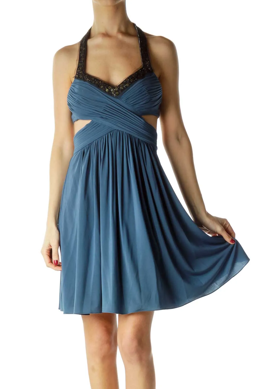 Blue Scrunched Cut-Out Halter Cocktail Dress