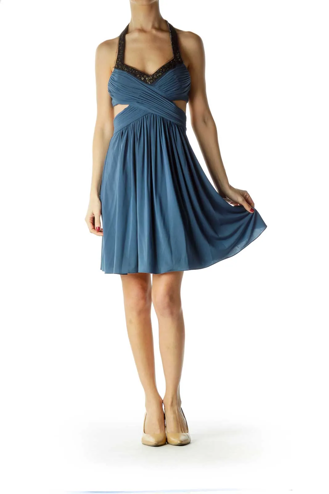 Blue Scrunched Cut-Out Halter Cocktail Dress