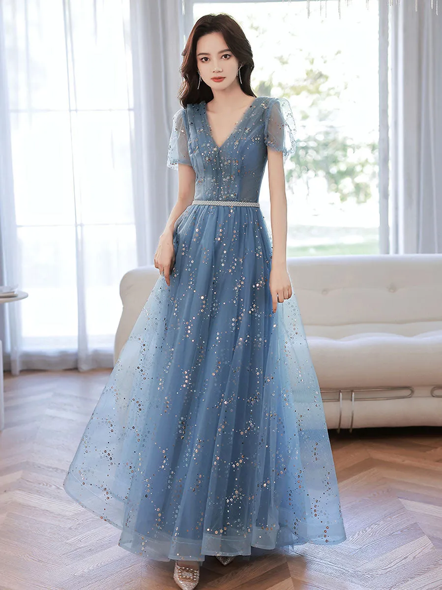 Blue V Neck Tulle Tea Length Prom Dress, Blue Tulle Formal Evening Dress