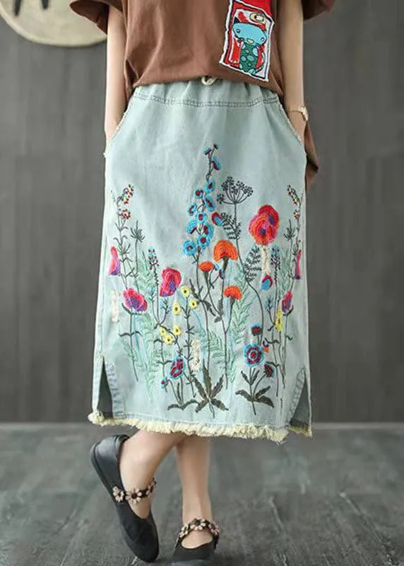 Boho Dark Blue Embroideried Tasseled A Line Summer Skirts Denim