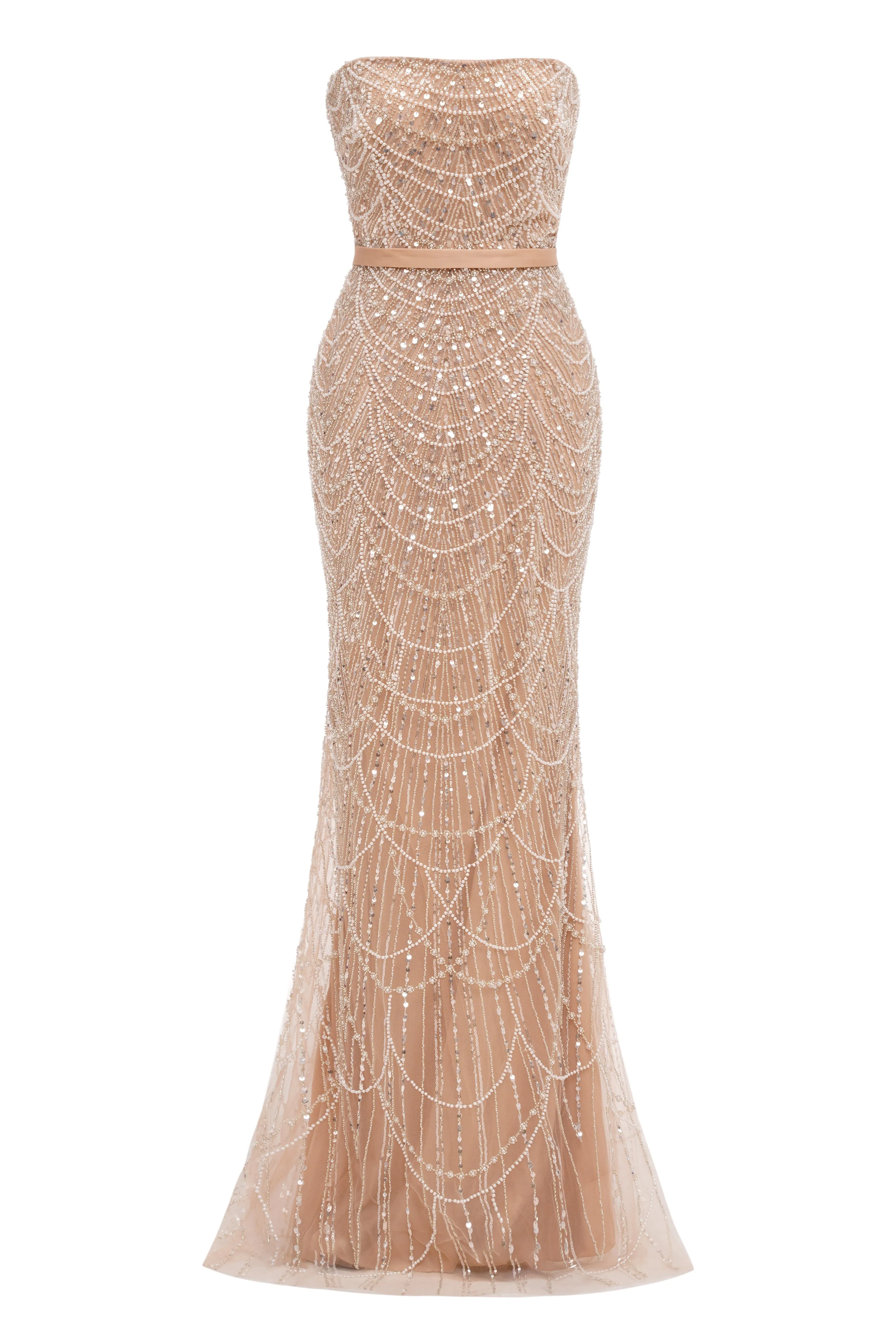 Brown Beading Prom Dresses Sweep Train High Neck Zipper Sleeveless Evening Dresses