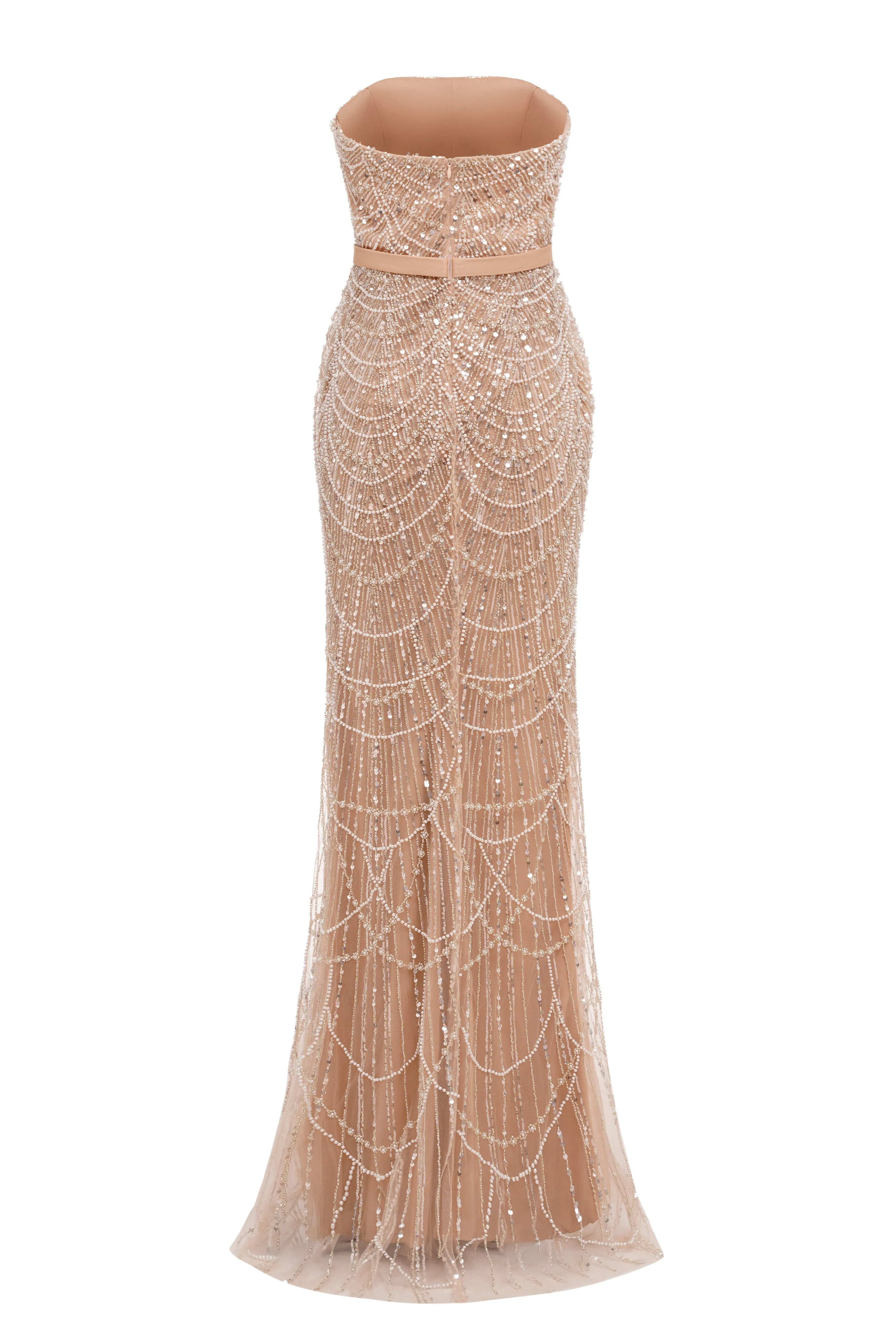 Brown Beading Prom Dresses Sweep Train High Neck Zipper Sleeveless Evening Dresses