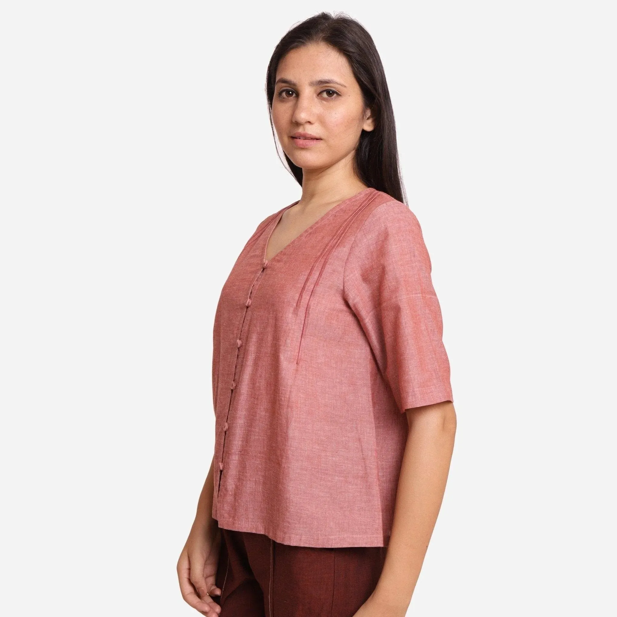 Brown Mangalgiri Cotton A-Line Button-Down Top