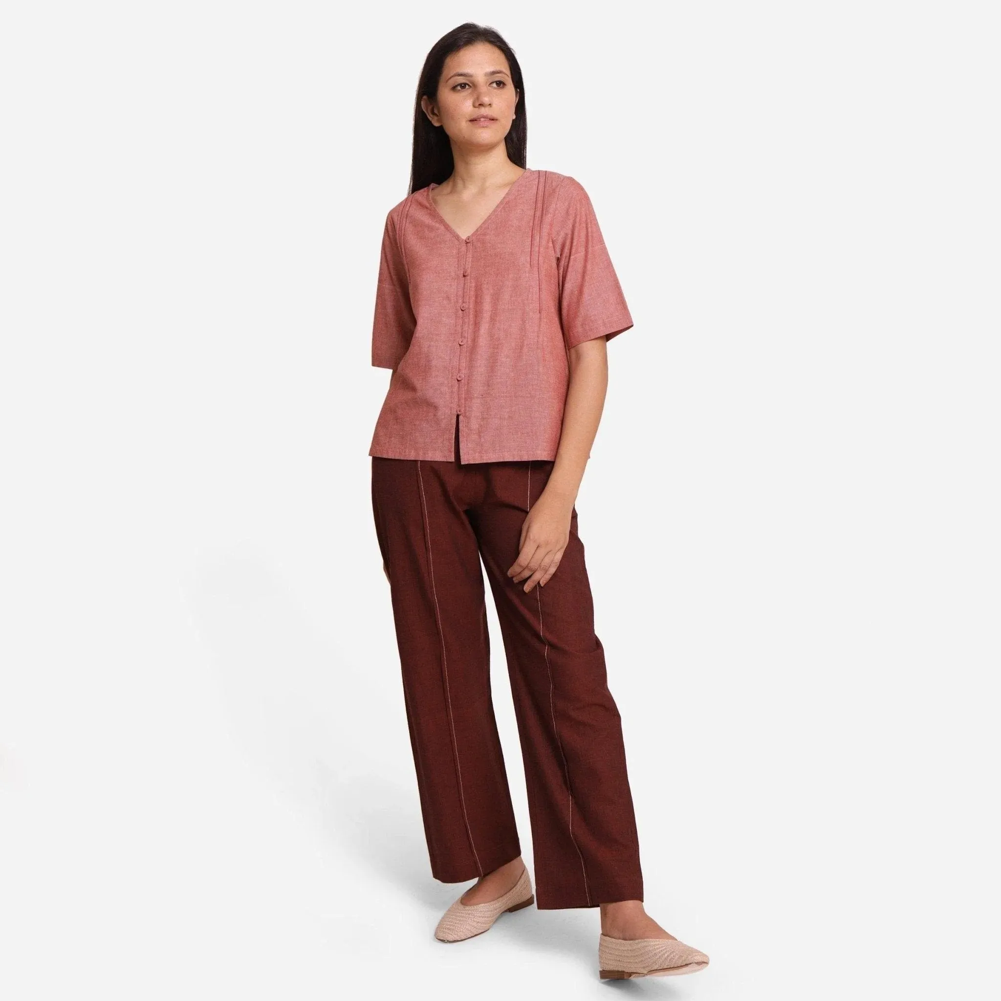 Brown Mangalgiri Cotton A-Line Button-Down Top