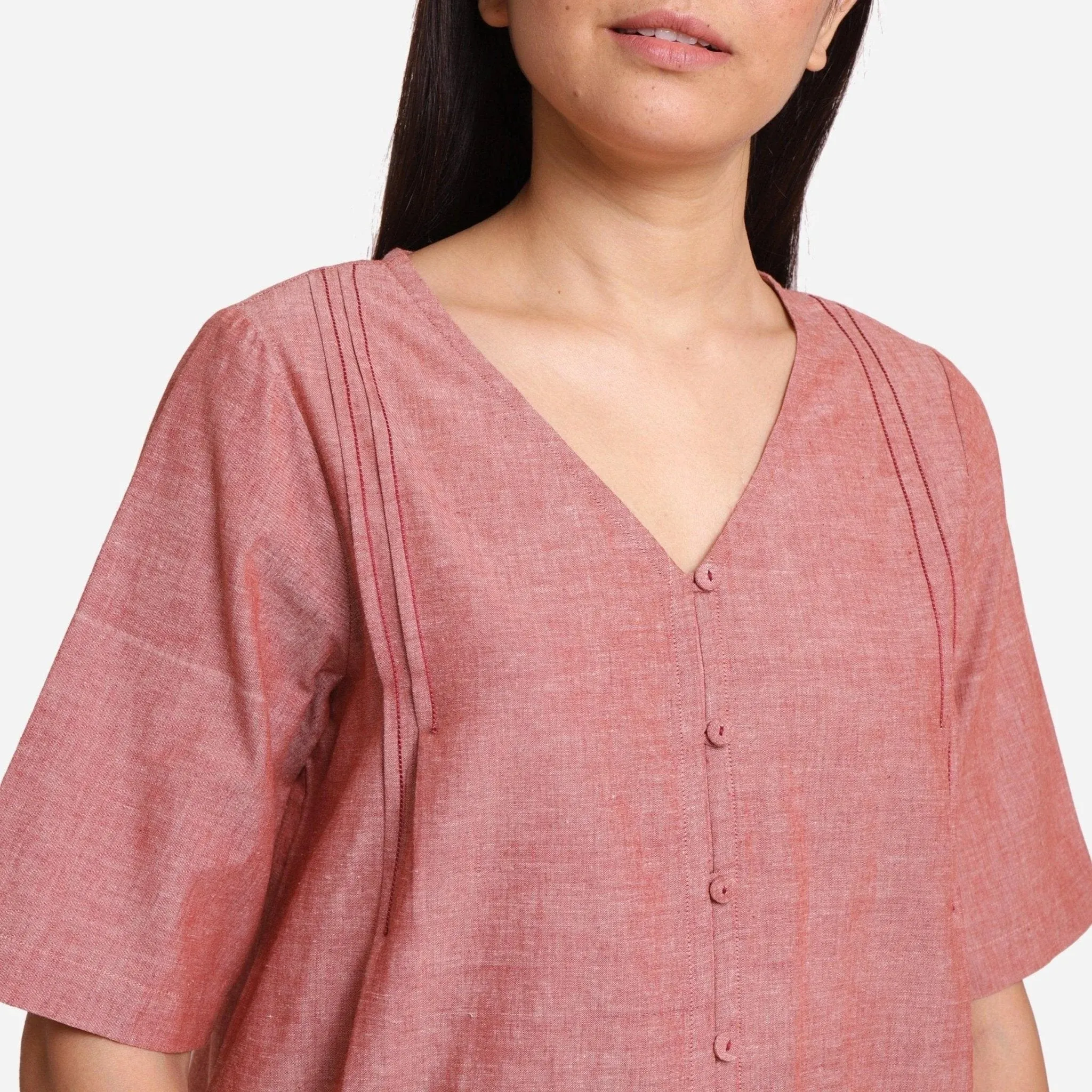 Brown Mangalgiri Cotton A-Line Button-Down Top