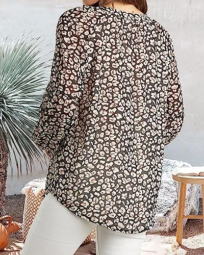 BTFBM Women Casual Boho Blouse Fashion Floral Shirts V Neck Long Puff Sleeve Lightweight Chiffon Summer Fall Tops 2024(Print Orange, Small)