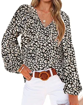 BTFBM Women Casual Boho Blouse Fashion Floral Shirts V Neck Long Puff Sleeve Lightweight Chiffon Summer Fall Tops 2024(Print Orange, Small)