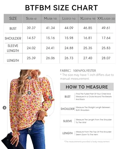 BTFBM Womens Long Sleeve Blouses Casual Boho Tops Frill Trim Mock Neck Floral Print 2024 Summer Fall Shirts Blouse Top(Floral Blue, Small)