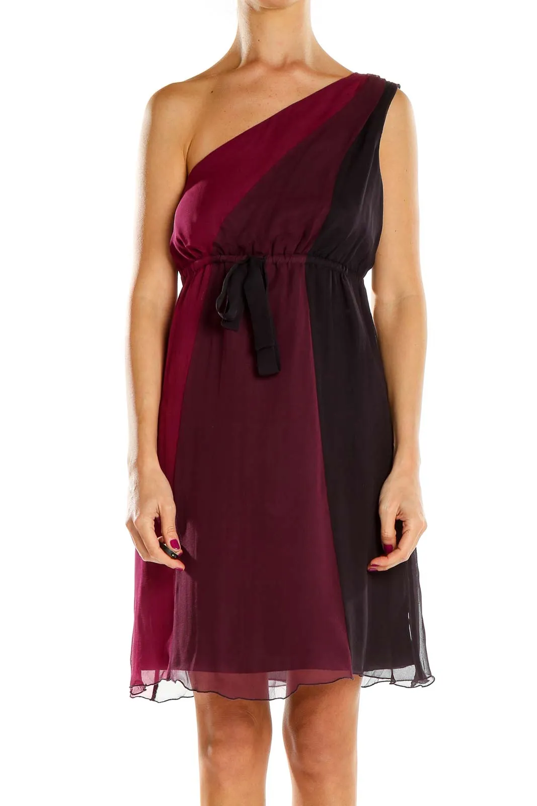 Burgundy and Black One-Shoulder Silk Dress