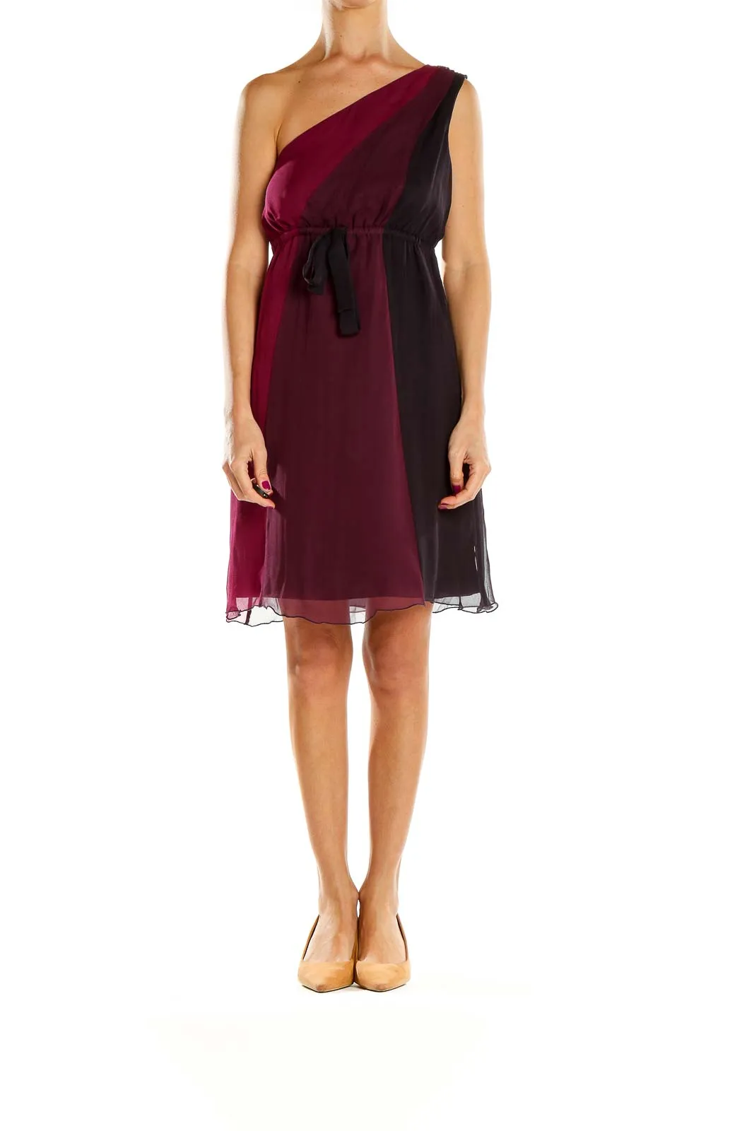 Burgundy and Black One-Shoulder Silk Dress