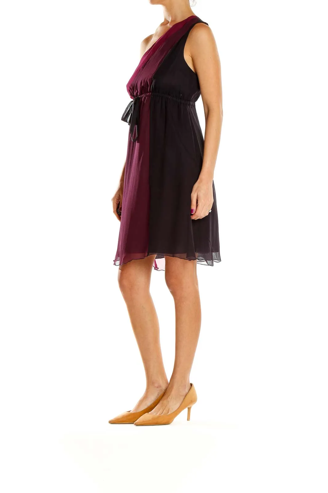 Burgundy and Black One-Shoulder Silk Dress