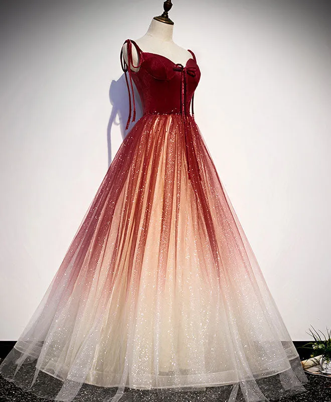 Burgundy Sweetheart Tulle Long Prom Dress Burgundy Evening Dress