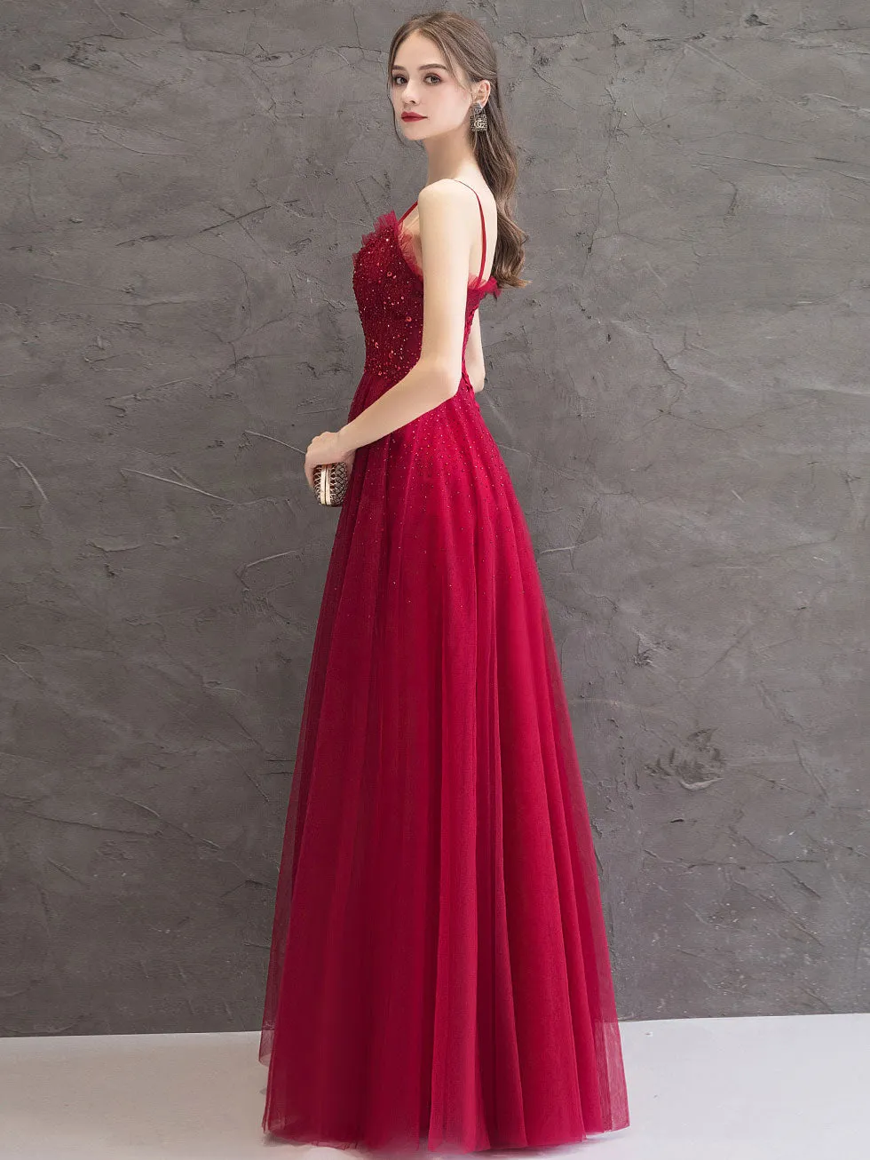 Burgundy Tulle Sequin Long Prom Dress, Burgundy Evening Dress