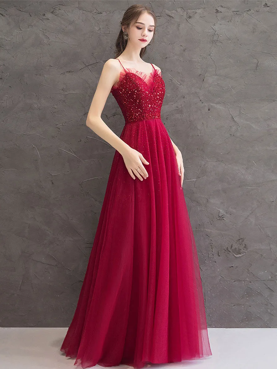 Burgundy Tulle Sequin Long Prom Dress, Burgundy Evening Dress