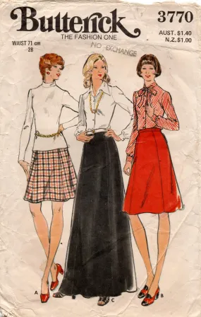 Butterick 3770 Womens A Line Panel Skirt in 3 Lengths 1970s Vintage Sewing Pattern Size 14 Waist 28 inches