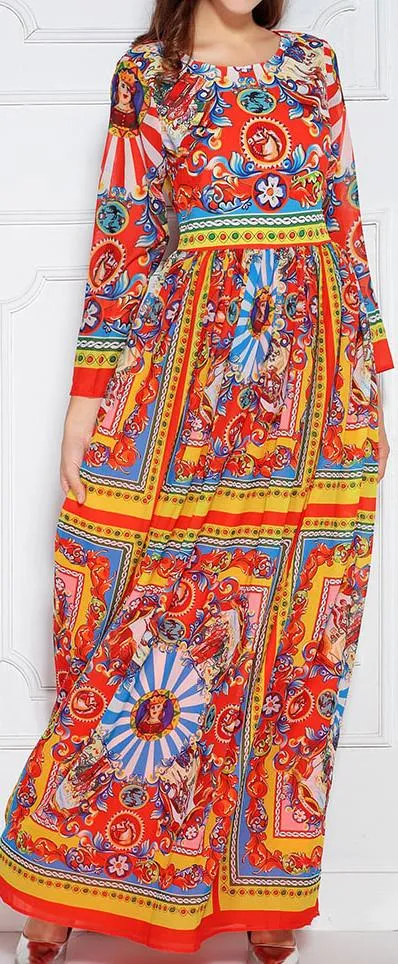 'Carretto' Print Long-Sleeve Silk-Blend Maxi Dress