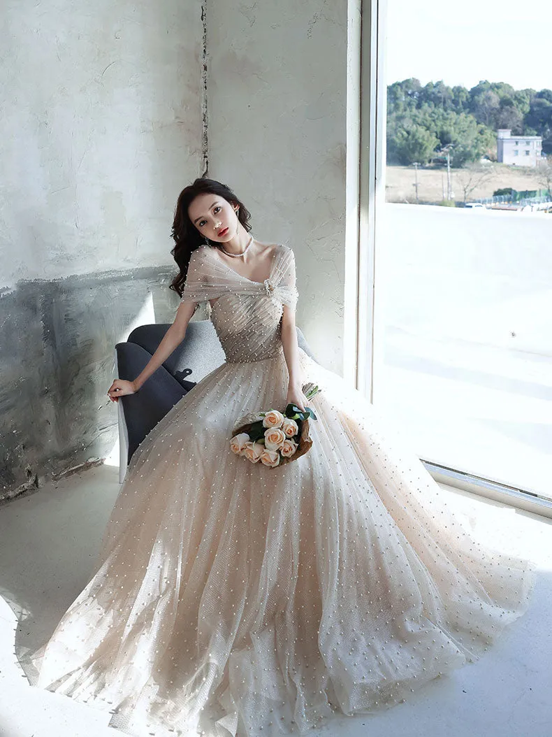 Champagne  Tulle Beads Long Prom Dress Champagne Formal Dress