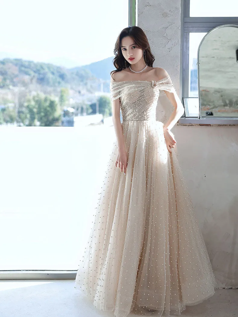 Champagne  Tulle Beads Long Prom Dress Champagne Formal Dress