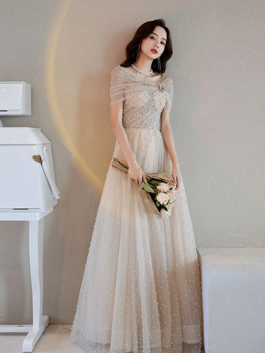 Champagne  Tulle Beads Long Prom Dress Champagne Formal Dress