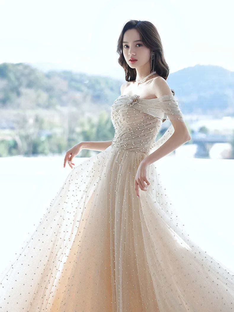 Champagne  Tulle Beads Long Prom Dress Champagne Formal Dress