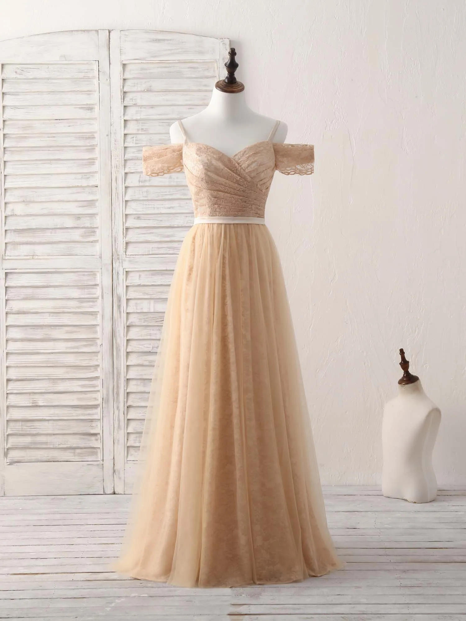 Champagne Tulle Long Bridesmaid Dress, Champagne Prom Dresses