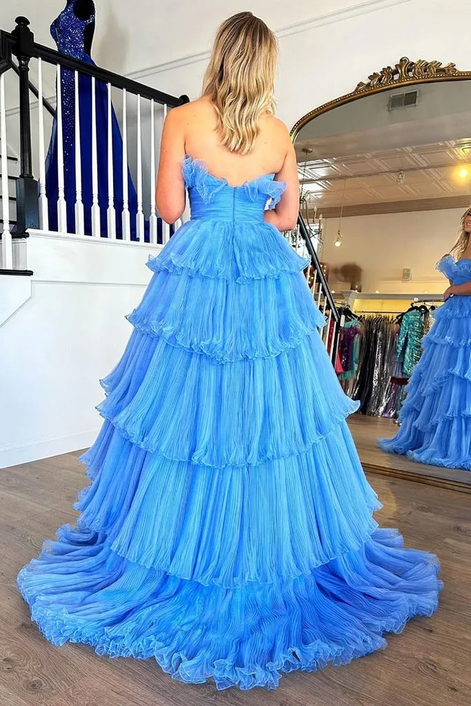 Charming A Line Long Strapless Blue Prom Dresses