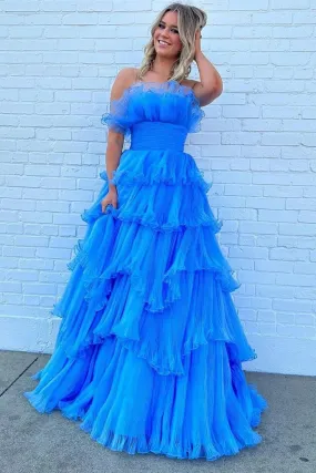 Charming A Line Long Strapless Blue Prom Dresses