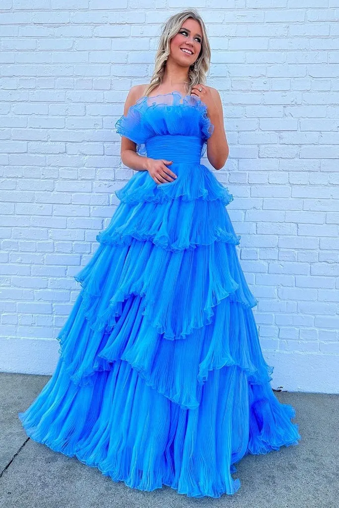 Charming A Line Long Strapless Blue Prom Dresses