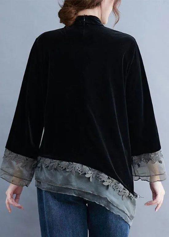 Chinese Style Black Asymmetrical Button Patchwork Silk Velour Blouses Spring LY0599