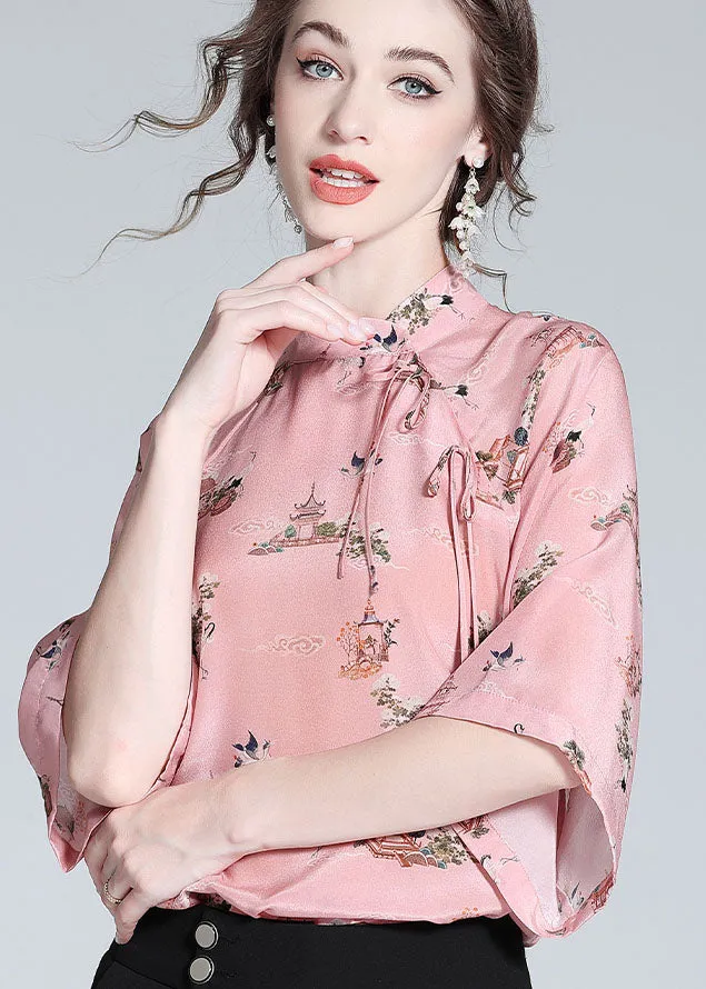 Chinese Style Pink Stand Collar Patchwork Print Silk Blouses Spring LY0122