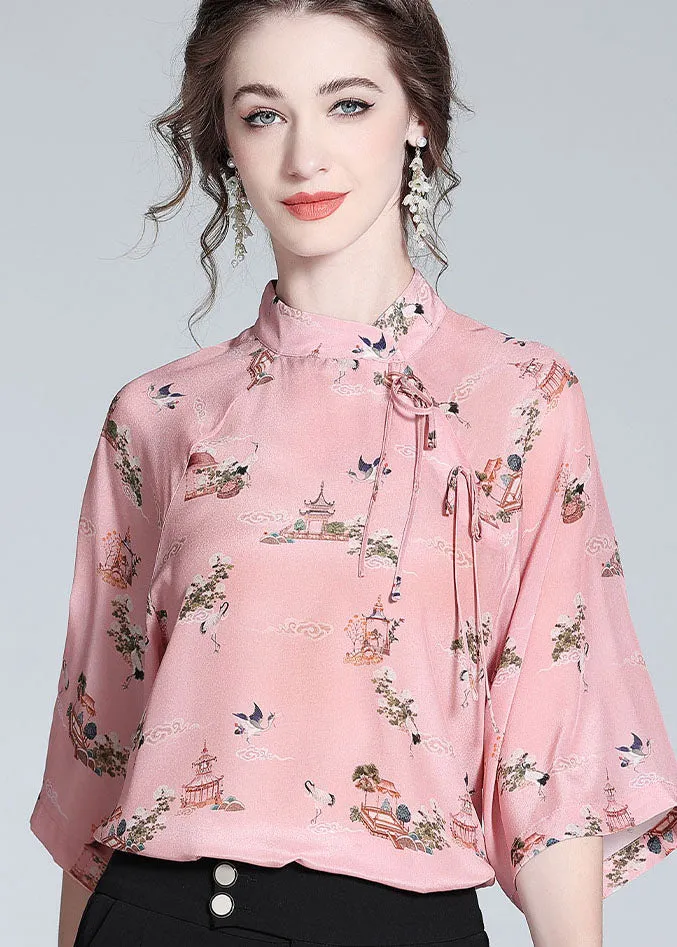 Chinese Style Pink Stand Collar Patchwork Print Silk Blouses Spring LY0122