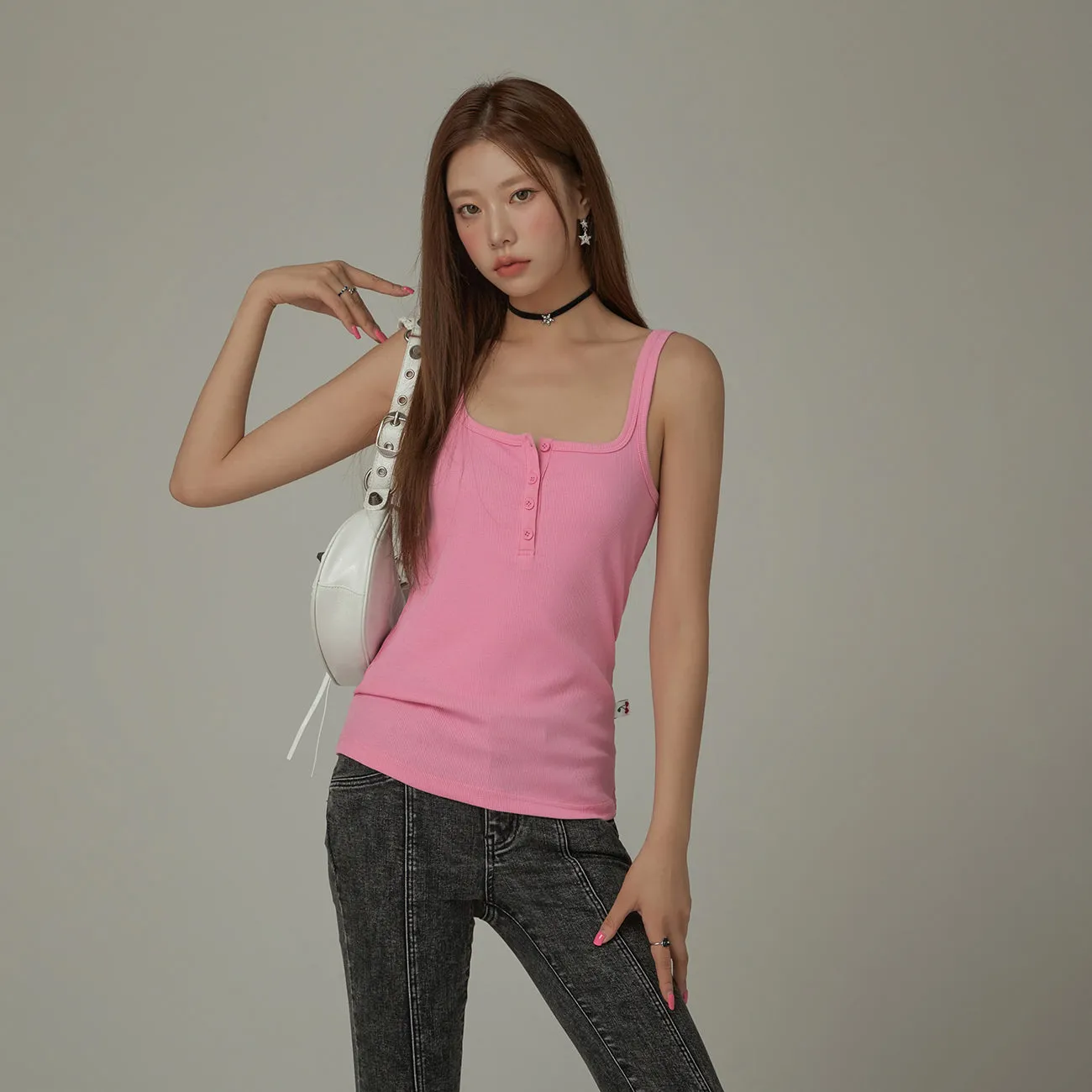 Color Button Sleeveless Tank Top