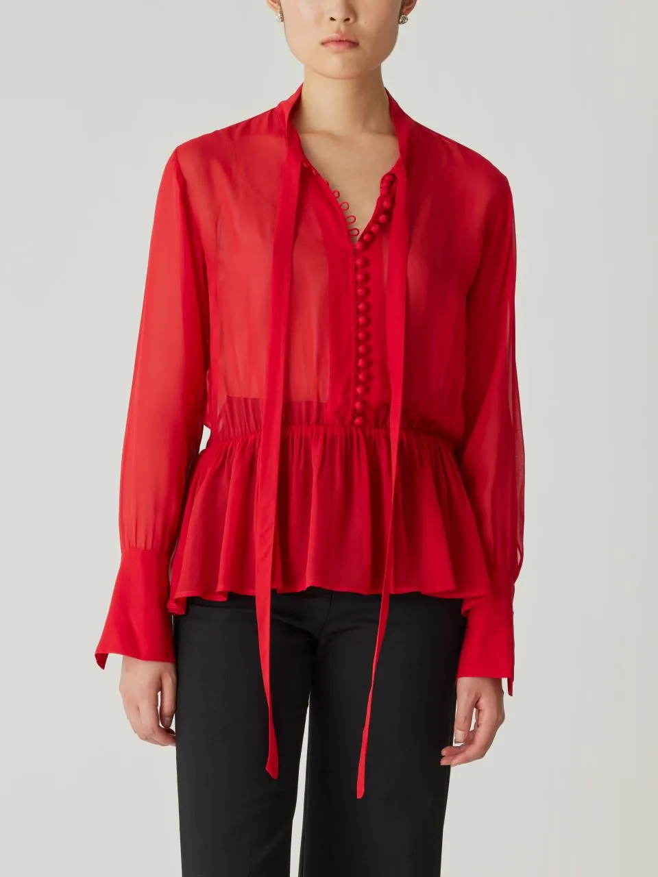 Covered Button Tie Front Blouse