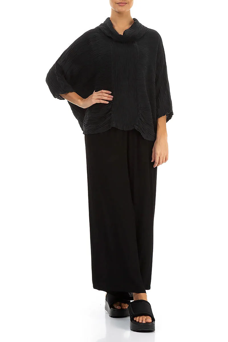 Cowl Neck Crinkled Black Silk Blouse