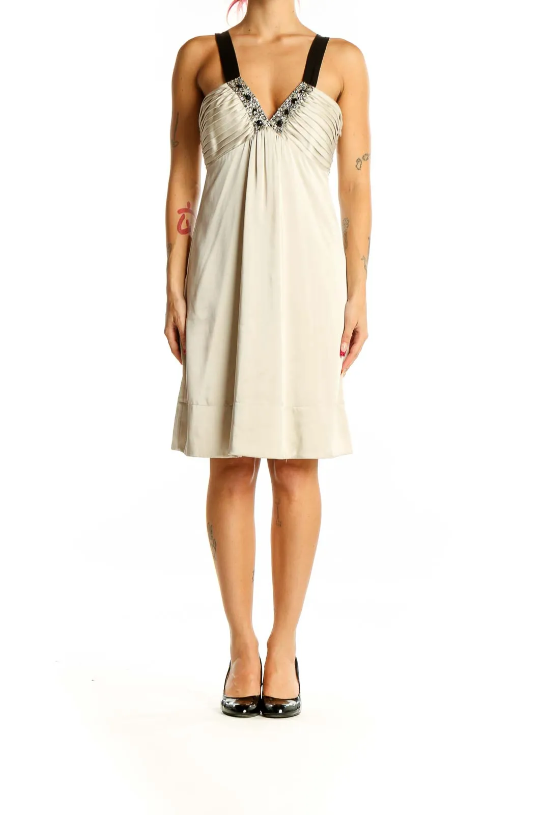 Cream Embellished V-Neck Cocktail Dress