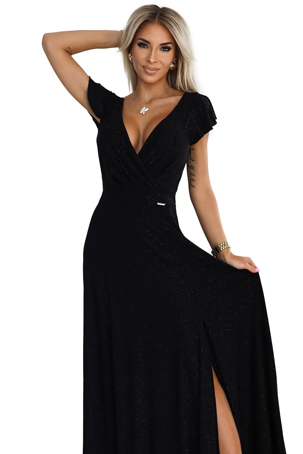 CRYSTAL long shimmering dress with a neckline - black