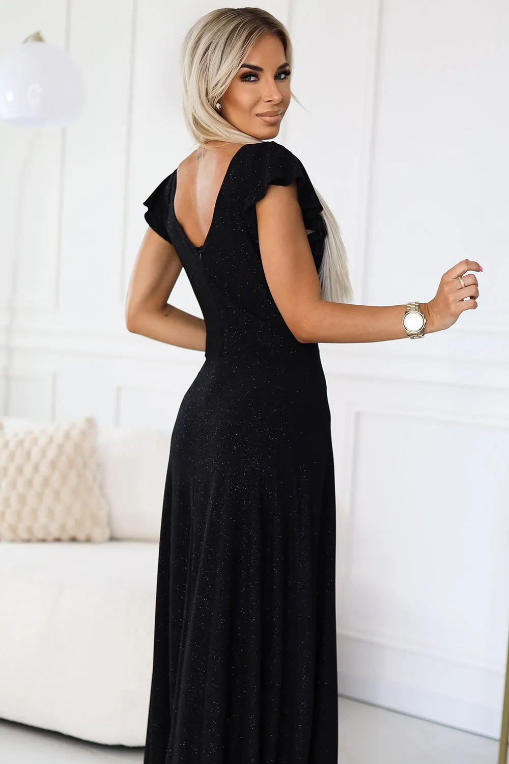 CRYSTAL long shimmering dress with a neckline - black