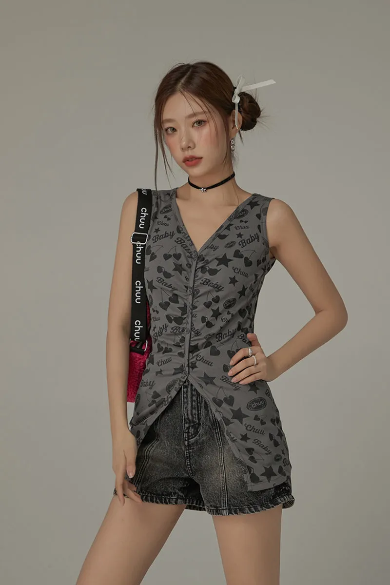 Cute Icons Button Shirring Sleeveless Top