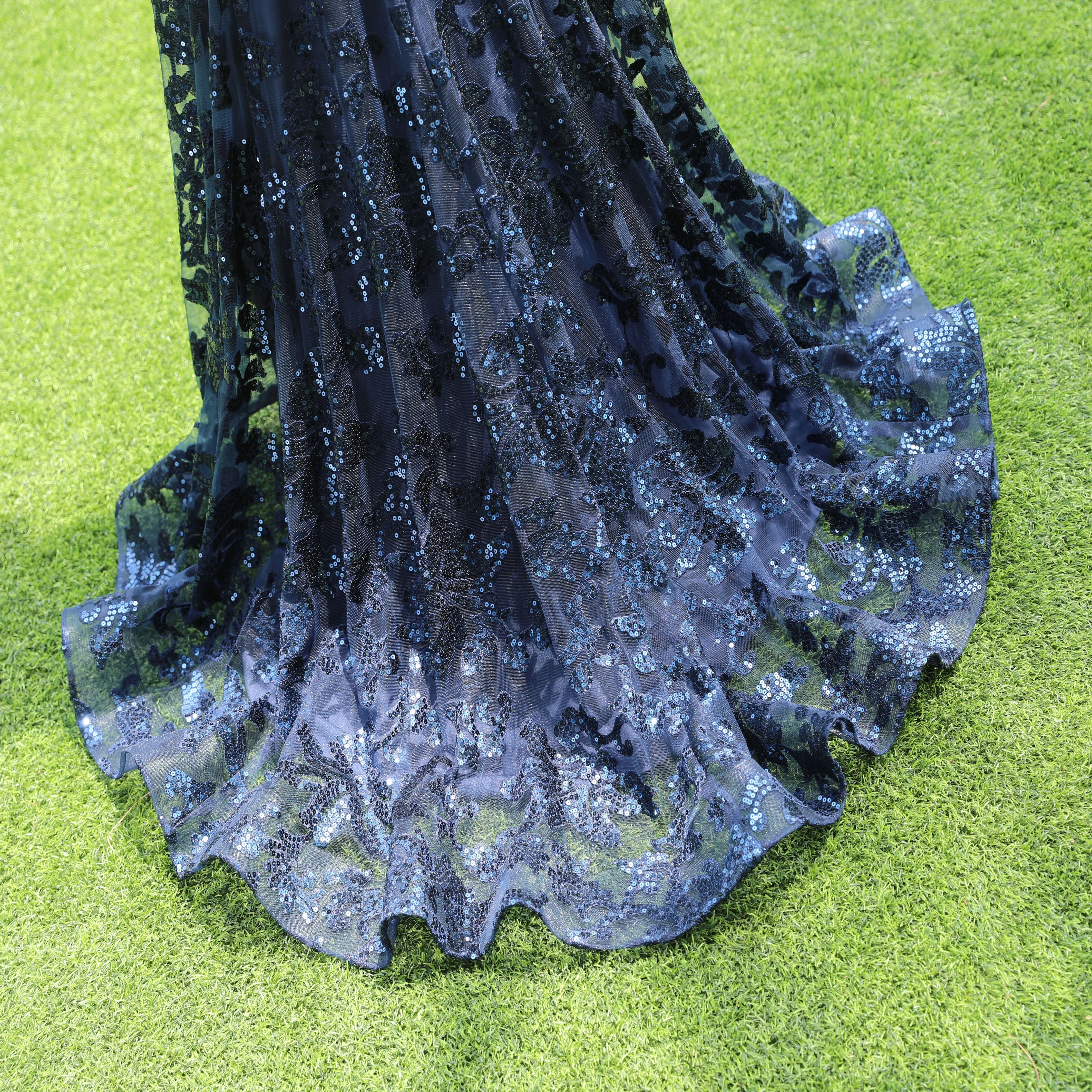 Dark Navy Blue Prom Dresses Sequins Mermaid Tulle Long Evening Dresses Spaghetti Straps